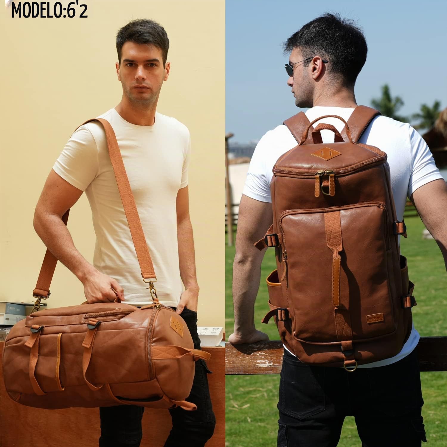 BAOSHA HB-26 3 vías cuero hombres Holdall fin de semana viaje bolsa de asas mochila bolsas de hombro convertible viaje senderismo mochila durante la noche bolsa de fin de semana bolso
