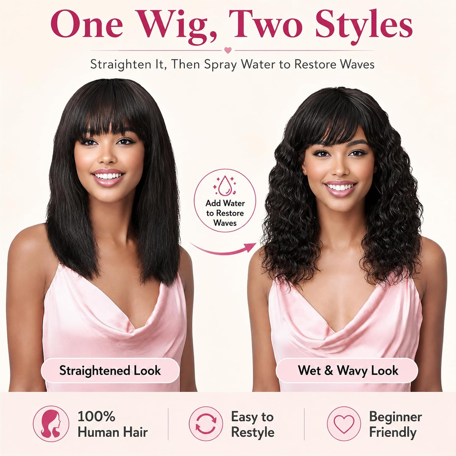 Wet and Wavy Human Hair Wig with Bangs for Women Brown Mixed Honey Blonde Curly Wig Glueless Wear and Go None Lace Machine Made Wigs 100% Virgin Brazilian Remy Hair FS4/27 16 Inch