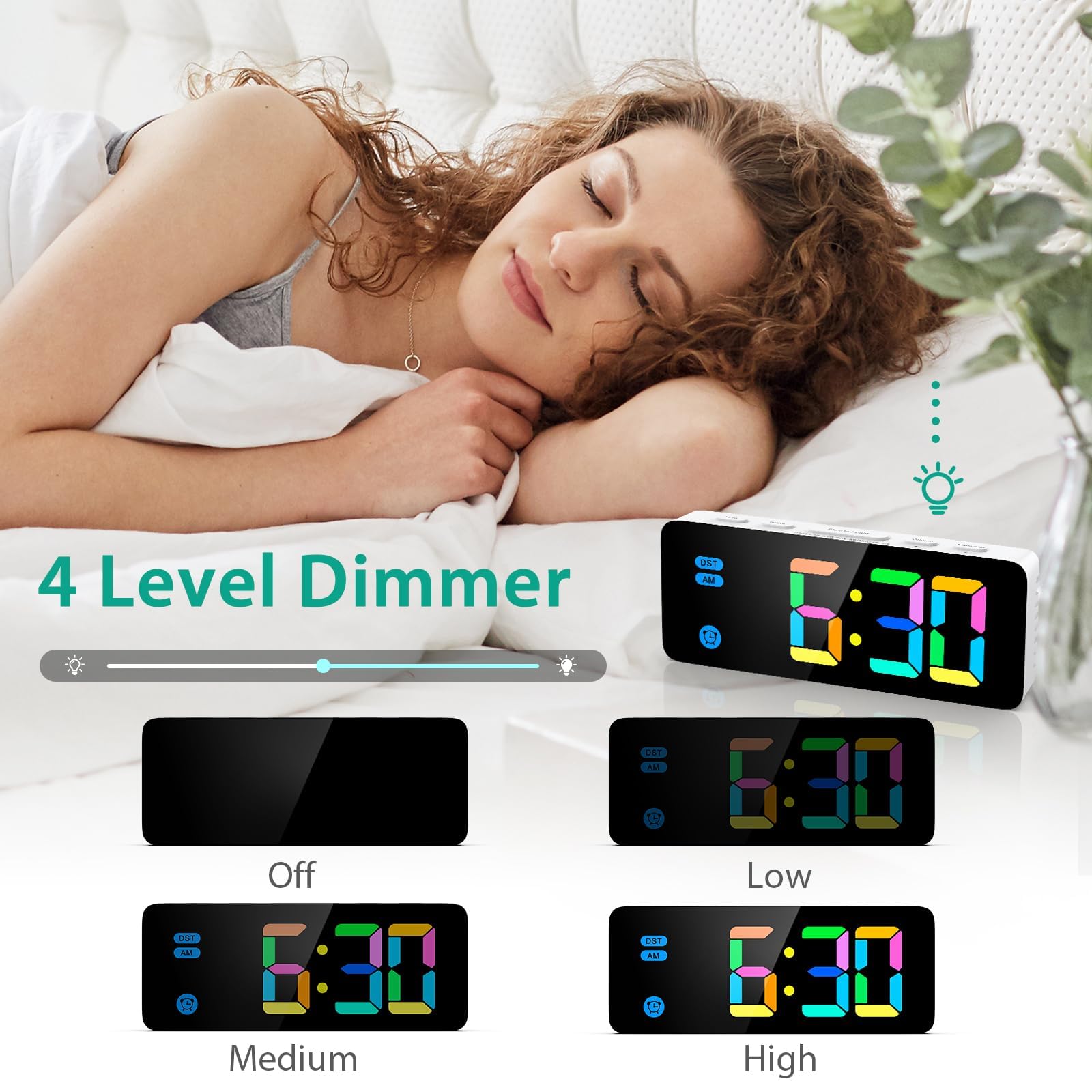 Réveil Numérique LED Grand Écran – 25 Mélodies, Triple Alarme, Snooze, Température/Date/Semaine, Luminosité Auto, 2 Ports USB, Activation Vocale – Blanc