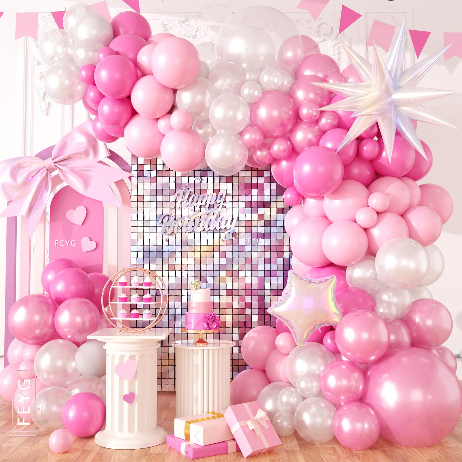 Pearl Pink White Balloon Arch Kit, Pearl Pink Pearl White Balloon Garland Kit with Star Balloon for Themed Birthday Wedding Baby Shower Gender Reveal