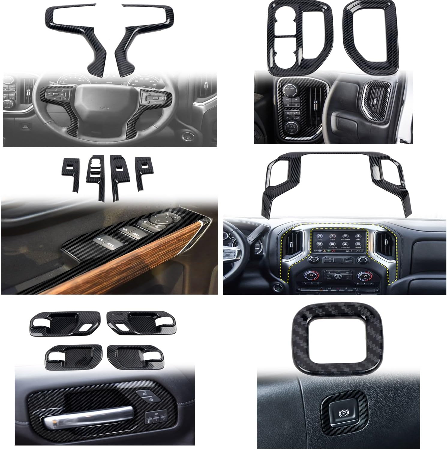 for Chevy Silverado 1500 4-Door 2019-2023 LHD Carbon Fiber Black Whole Set Interior Cover Trim 14pcs Car Accessories(Not fit Crew cab Version)