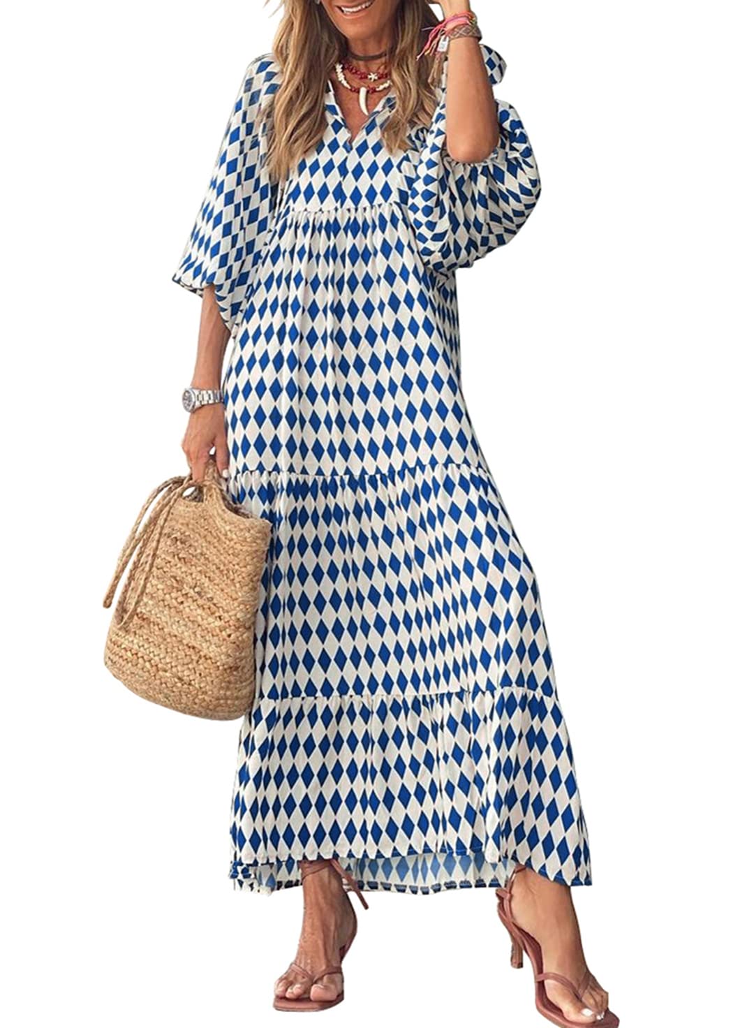 miduo Womens Loose Fit Casual Summer V Neck Half Sleeve Bohemian Geometric Pattern Maxi Long Dresses