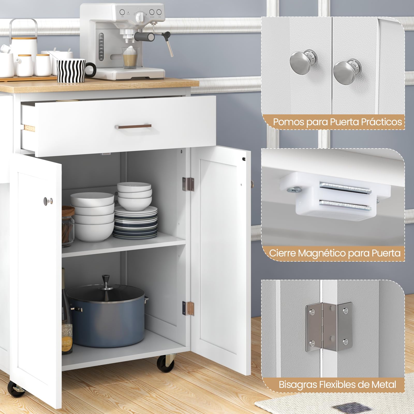 COSTWAY Isla de Cocina con Ruedas, Carrito de Cocina con Cajón y Gabinete de Almacenamiento, Estante Ajustable en 3 Niveles para Especias y Barras para Toallas, Carro de Servicio para Comedor