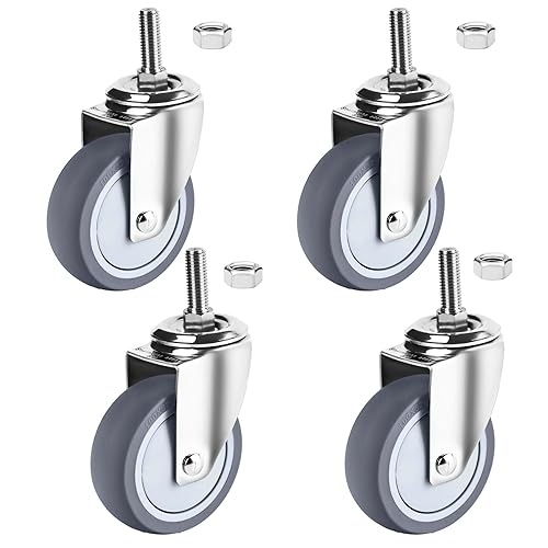 Miniatura 12 de Ruedas giratorias de acero inoxidable de 4 pulgadas para trabajo pesado, ruedas de vástago roscado de 1/2"-13x1-1/2 con freno lateral, resistentes a