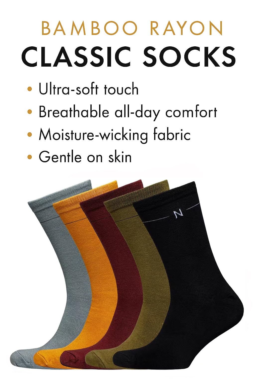 NUDUS UNDERWEAR Lot de 5 paires de chaussettes classiques en rayonne de bambou - Très douces, fines et respirantes