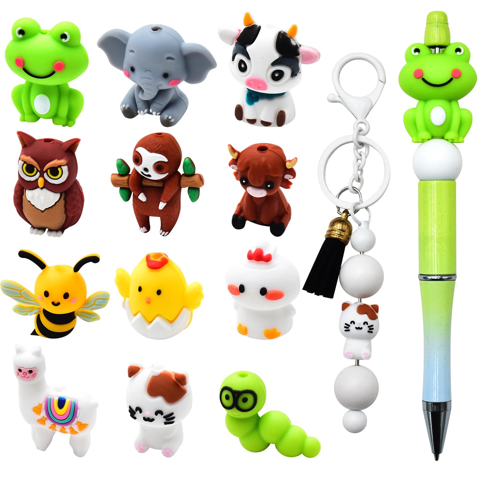 WOZADU 3D Animal Silicone Beads for Keychain Making, 12 PCS Silicone Focal Beads for Pen, Loose Beads for Bracelet Necklace Lanyard Jewelry and Handmade Crafts Making