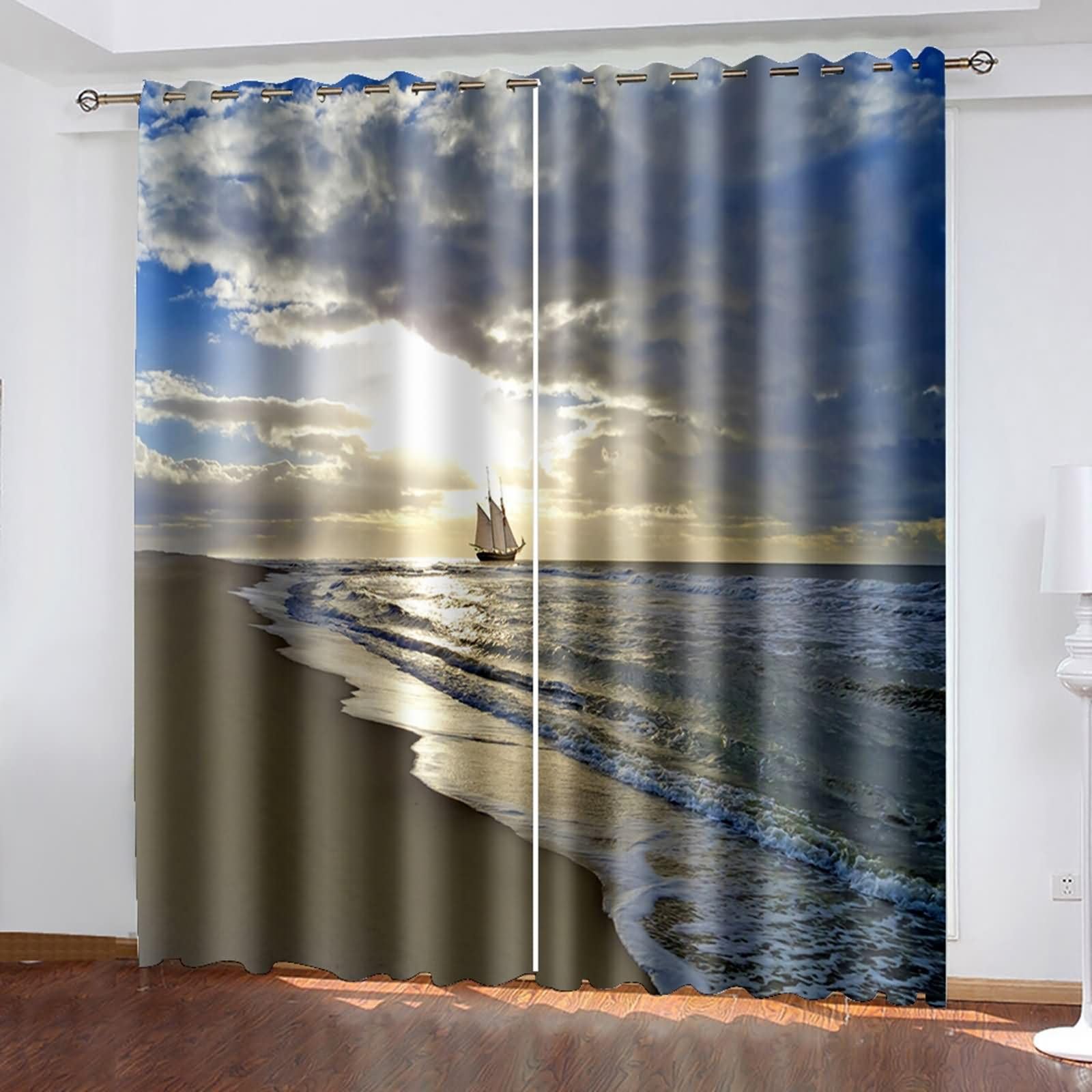 Lot de 2 Rideaux Cuisine Occultant Thermique,2 x 137W x 183H CM,Rideau à Oeillets Paysage de Plage et Bateau Rideaux de Fenêtre Balcon Bleu Blanc Gris