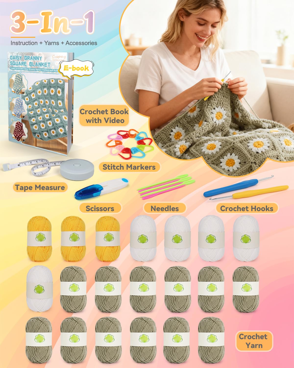 Coopay Häkeldecken-Set für Anfänger, quadratisches All-in-One-Set mit Schritt-für-Schritt-Video und genug Garnen – Meister Oma quadratisch häkeln einfach, ideales Geschenk für Bastelliebhaber (Kamel)