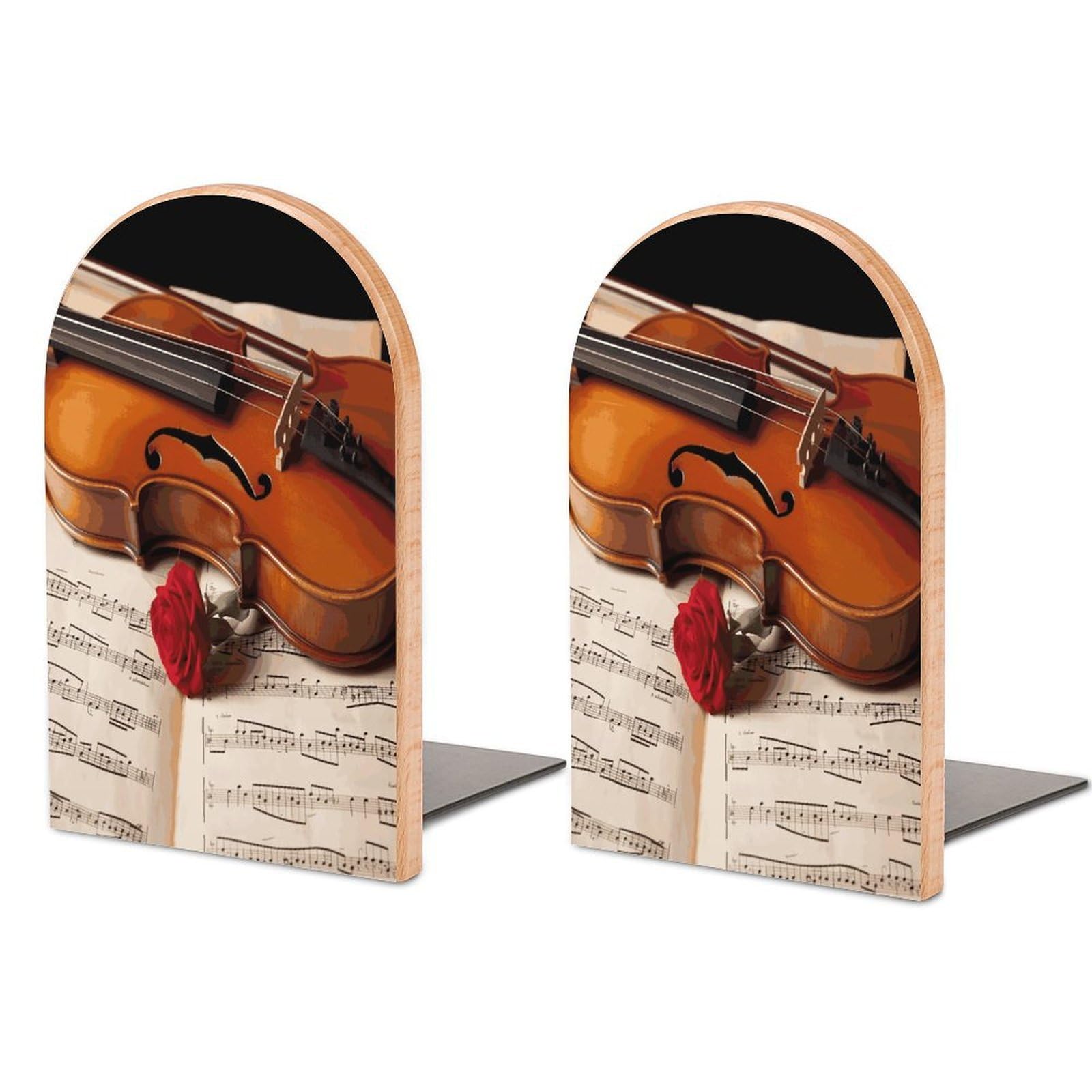 Violin Sheet Music Bookend for Shelves Non-Skid Book Holder Modern Heavy Duty Bookend Stopper Metal Base Wood Book End Books Shelf Holder Home Decorative 1pair 5x3.9x3.1