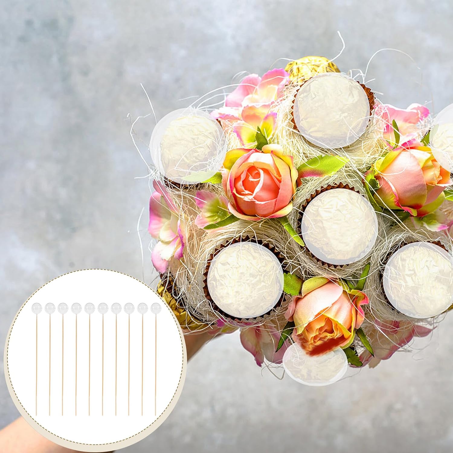 DIYEAH Chocolate Candy Packaging Holders Plastic Boxes and Natural Color Sticks, 100pcs Candy Wrappers and 100pcs Flower Support Sticks Set for Wedding and Party Wrapping