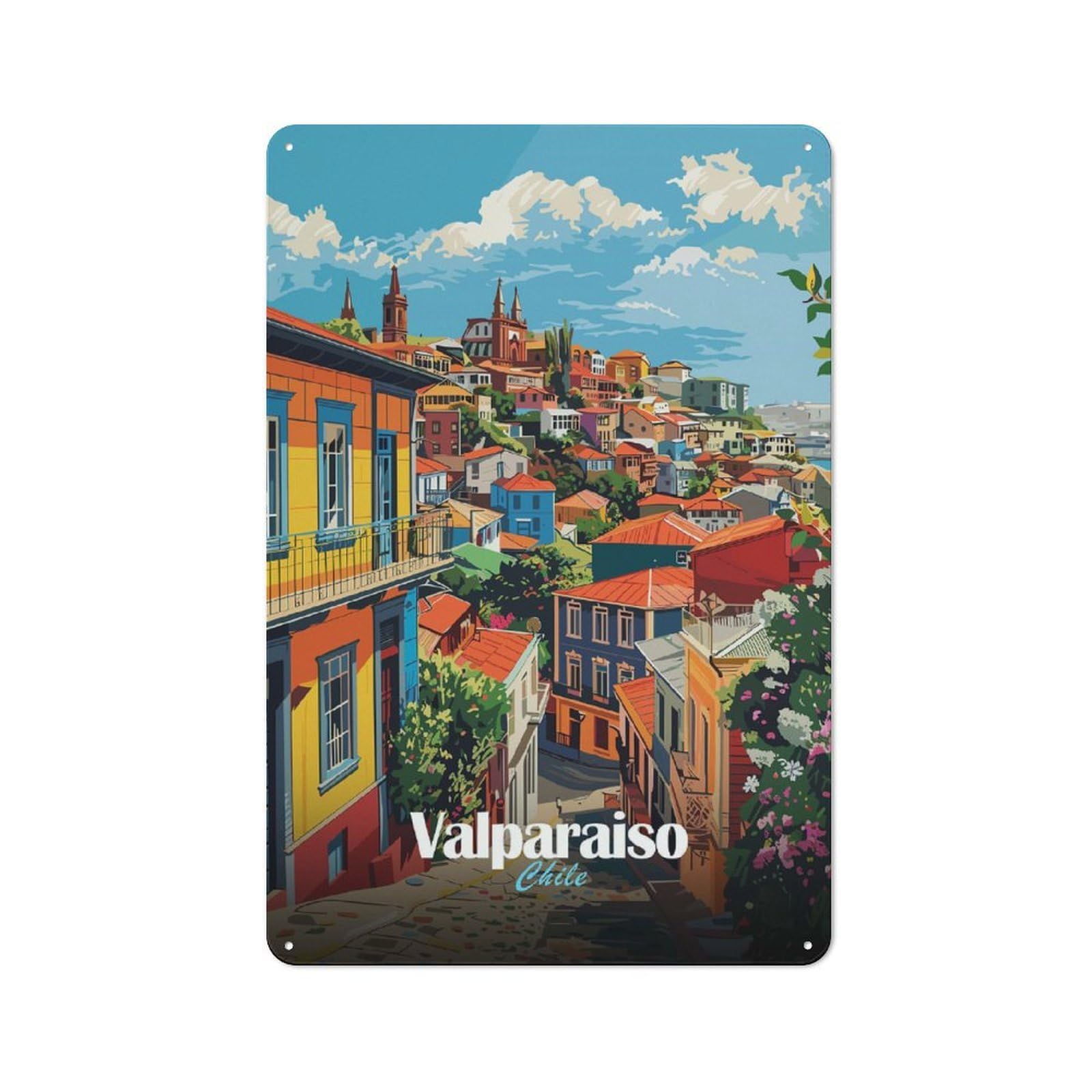 Junmoney Style-7 For Living Room Or Hallway, Valparaiso, Chile Cityscape Vintage Metal Sign 30X20cm, For Metal Sign Collectors, For Garage And Workshop Walls