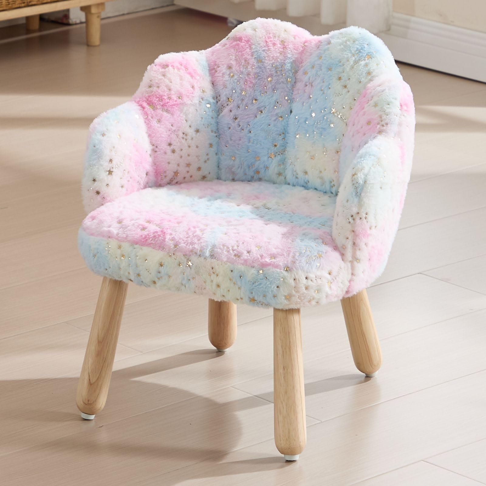 Petite Chaise Enfant Fausse Fourrure Fauteuil Fille Dossier Pétale Tabouret Pieds Bois Coloré