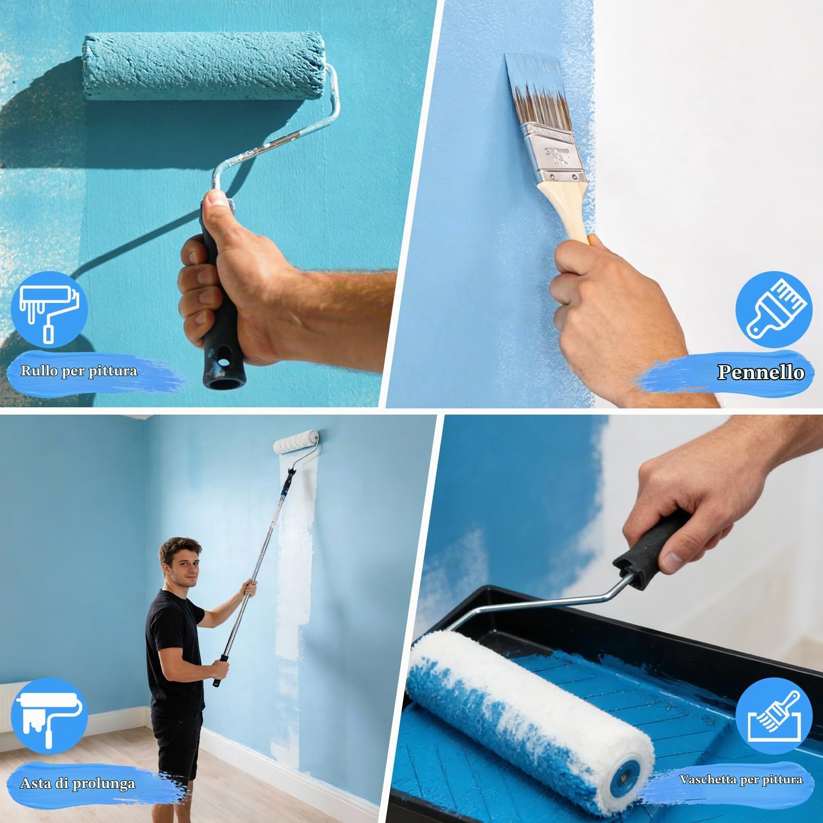 Qivine Rullo Pittura Kit con Asta Telescopica, 20 Pezzi Rullo per Pittura Professionale con Vassoio, Kit Rullo e Vaschetta per Verniciare, per Dipingere Pareti, Soffitti, Porte e Modanature