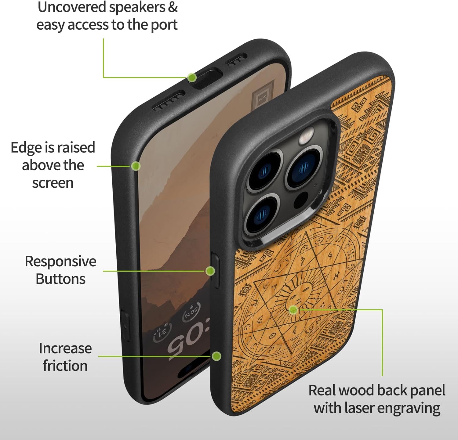 Carveit Magnetic Wood Case for iPhone 14 Pro Max [Natural Wood & Black Soft TPU] Unique & Classy Wooden Shockproof Protective Cover Compatible with magsafe (Sun & Octagonal Star -Cherry)