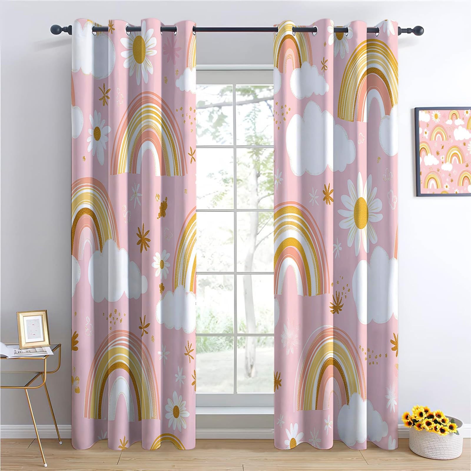 Générique Rideaux Occultants Nuages Arc en Ciel Plantes Fleurs, Rideaux Imprimé Isolant Thermique Anti Froid - Draperies Polyester Oeillet Rose pour Chambre Salon Décoration Lot de 2 110L x 215H cm