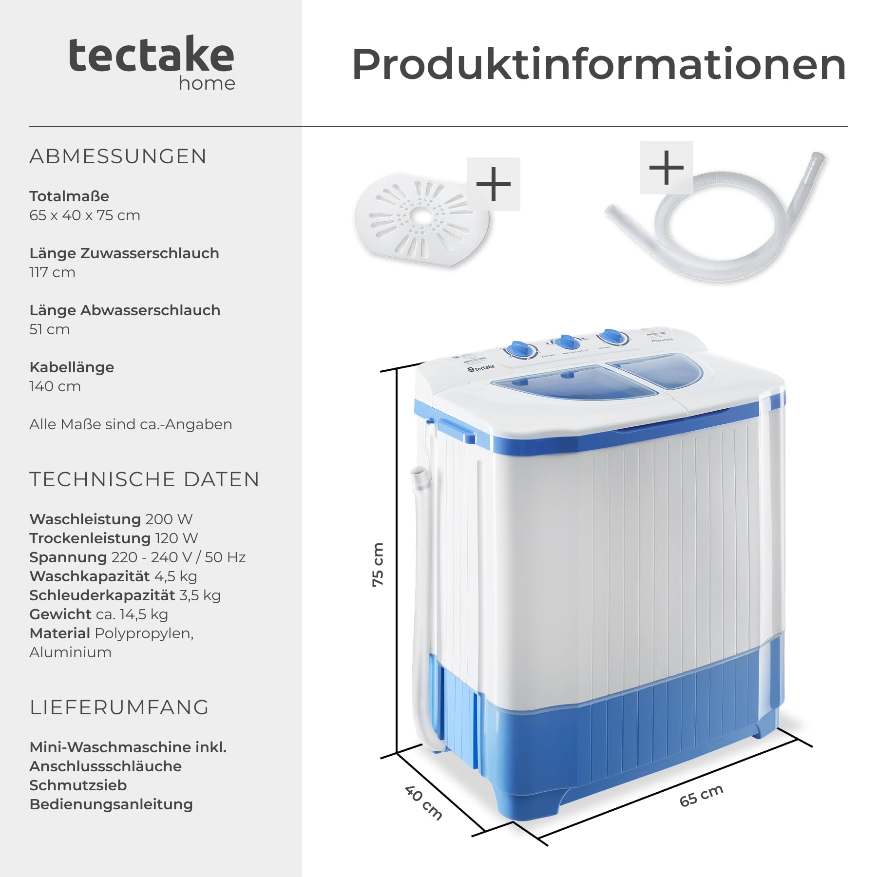 tectake® portable, mobile 4,5 kg Mini Waschmaschine + 3,5 kg Wäscheschleuder Kombination, Toplader für Camping und Reise, Toploader Reisewaschmaschine