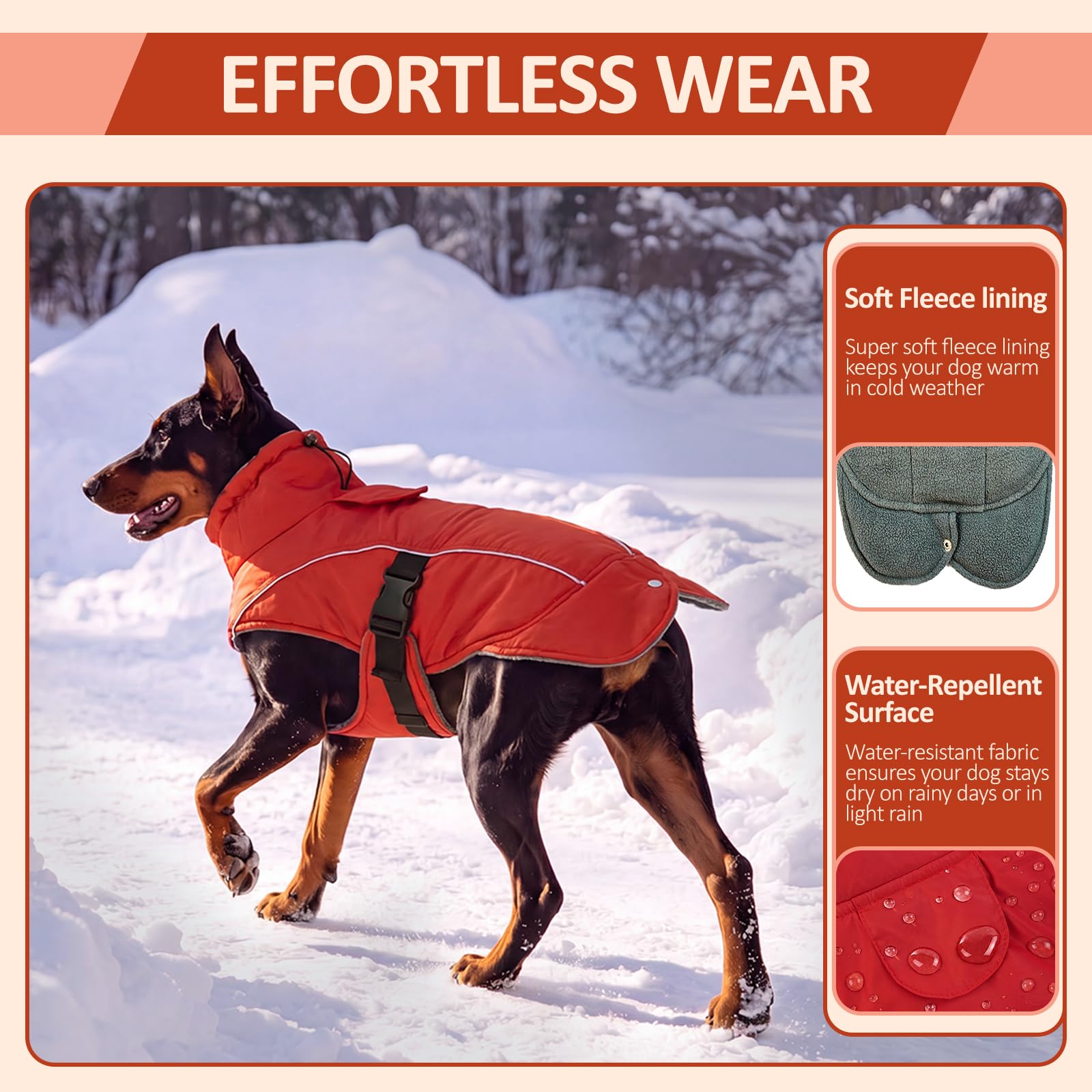 DENTRUN Abrigos para perros para clima frío, abrigo cálido para perro, resistente al viento, chaqueta acogedora para perro, chaleco de forro polar grueso, ropa repelente al agua con arnés y agujero