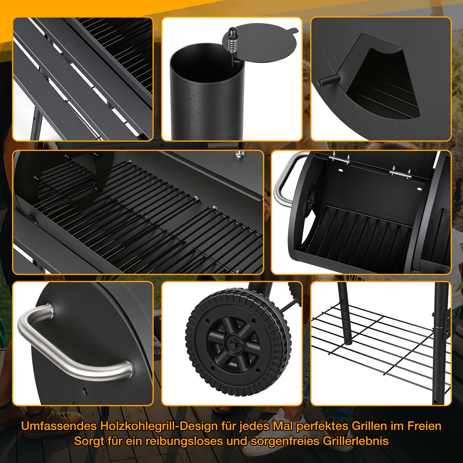Holzkohle Smoker Grill BBQ mit 2 Kammern, Grillwagen mit Thermometer, Smoker Grill für indirektes Grillen & Räuchern, fahrbarer Garten Grill mit Ablagen, Schwarz