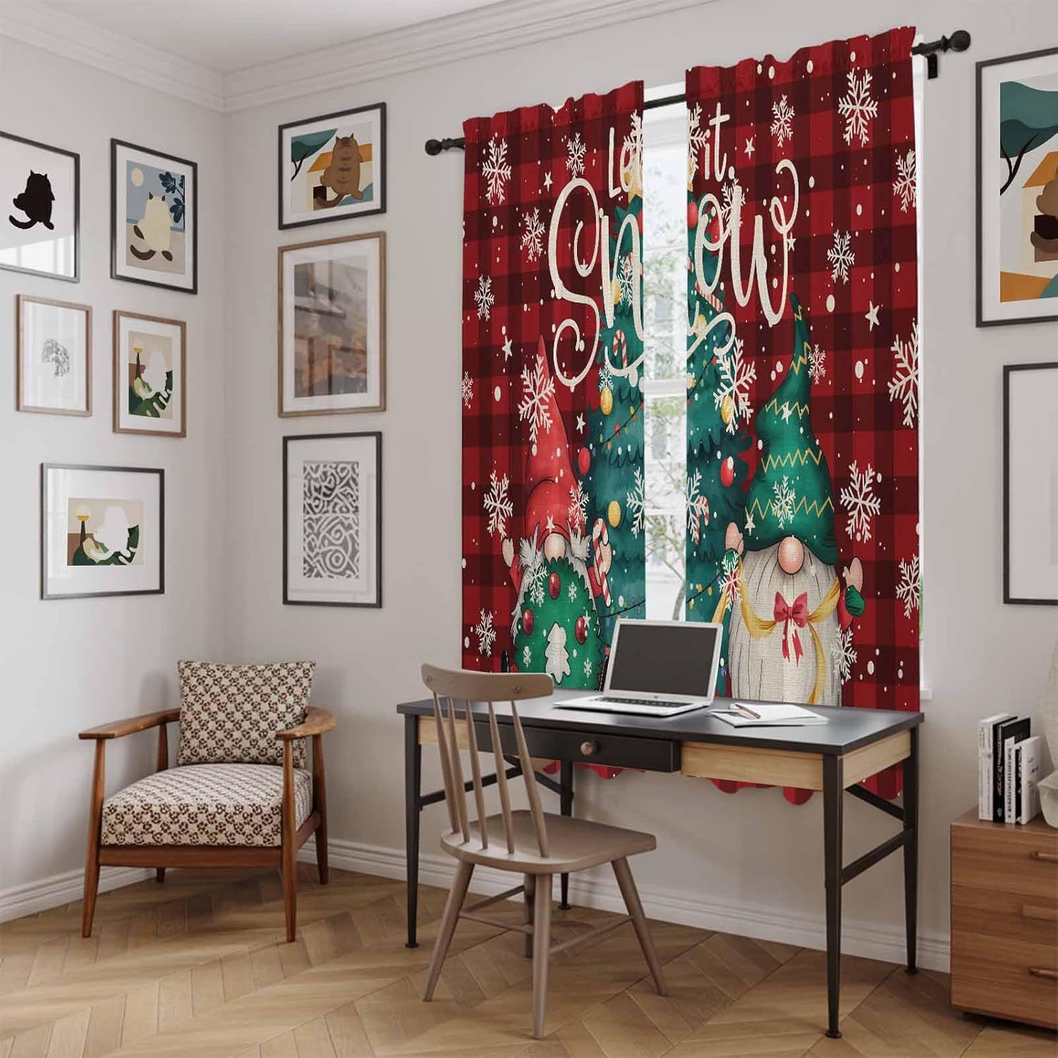 Christmas Tree Window Curtains 72 Inch Long 2 Panel Set, Rod Pocket Long Curtains & Drapes, Gnomes Winter Snowflake Retro Red Plaid Light Filtering Window Treatment for Bedroom Living Room 52"W x 72"L