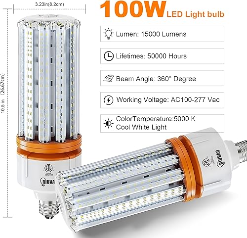 Miniatura 2 de Bombillas LED de maíz equivalentes a 1000 W, paquete de 2 bombillas LED de maíz de 100 W, 5000 K, luz blanca diurna, E26 E39 para iluminación de