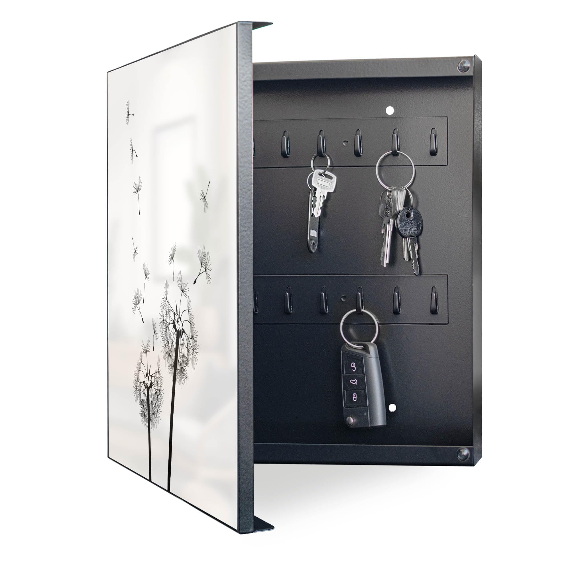 banjado Großer Schlüsselkasten Metall - Schlüsselbox 30x30cm beschreibbarer mit 32 Haken - Schlüsselkasten modern für Schlüsselaufbewahrung - Korpus Schwarz Scharnier Links - Motiv Pusteblume 2