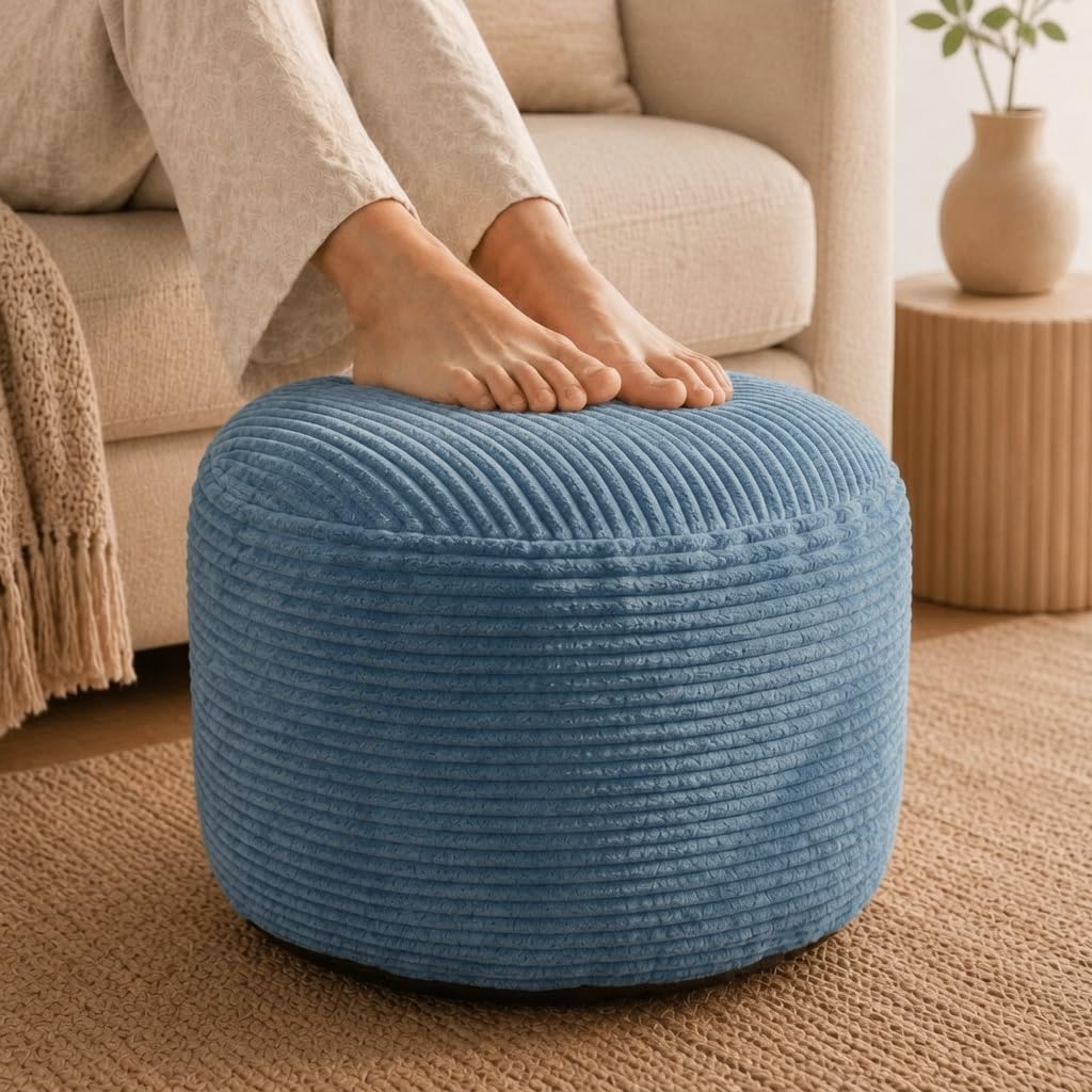 Stuffed Pouf Ottoman,Corduroy Foot Rest,Slate Blue,20 Inch