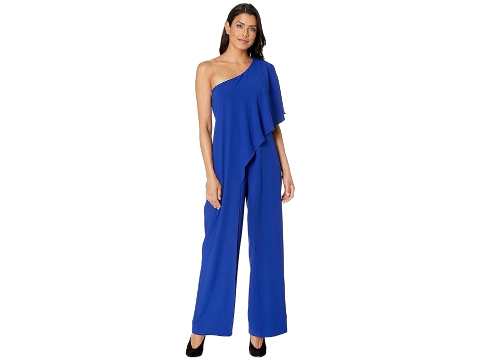 

MARINA Stretch Crepe One Shoulder Jumpsuit with Cascade Side Drape (Cobalt) Women's Jumpsuit & Rompers One Piece