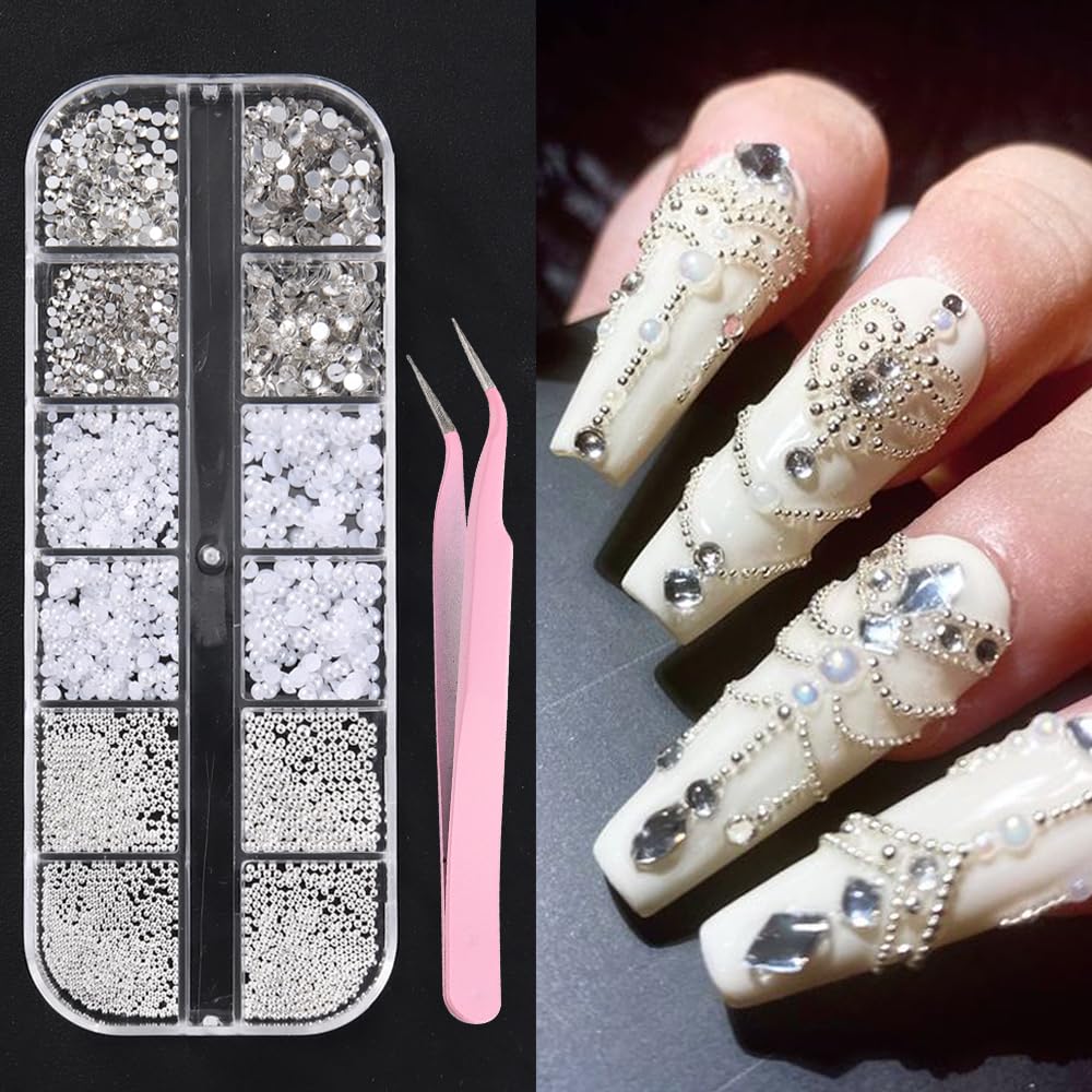 3D Mixed Sizes Nail Art Charms White Flatback Pearls Silver Metal Caviar Beads Clear Crystals Gems with Pickup Tweezers, Nail Jewelry Manicure