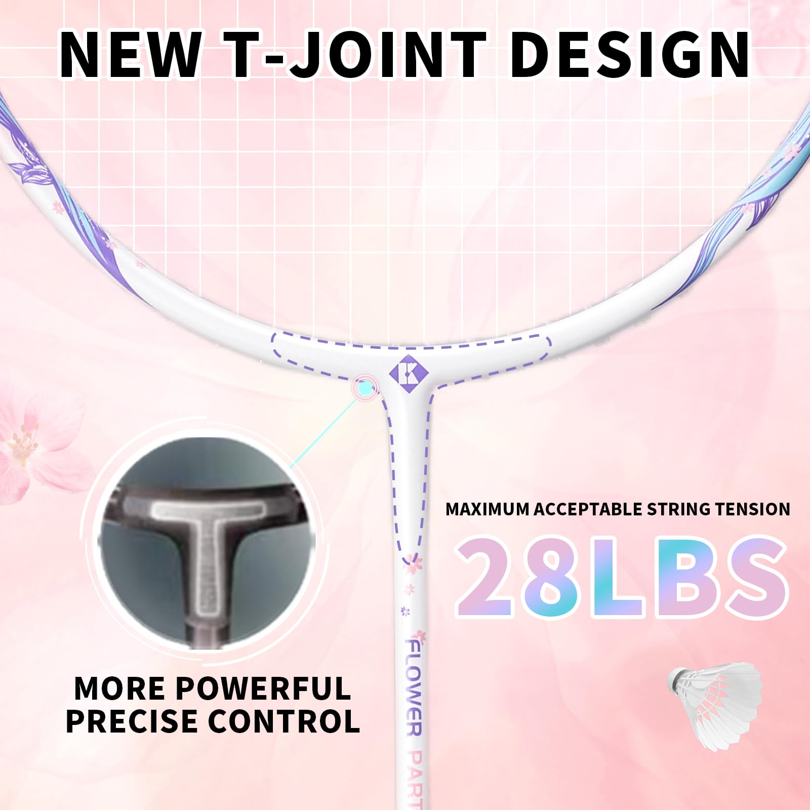 Racchetta da badminton professionale 4U leggera ad alta resistenza, in fibra di carbonio, set rosa con nastri antiscivolo e copertura per principianti, giocatori intermedi, Flower Partner Pro