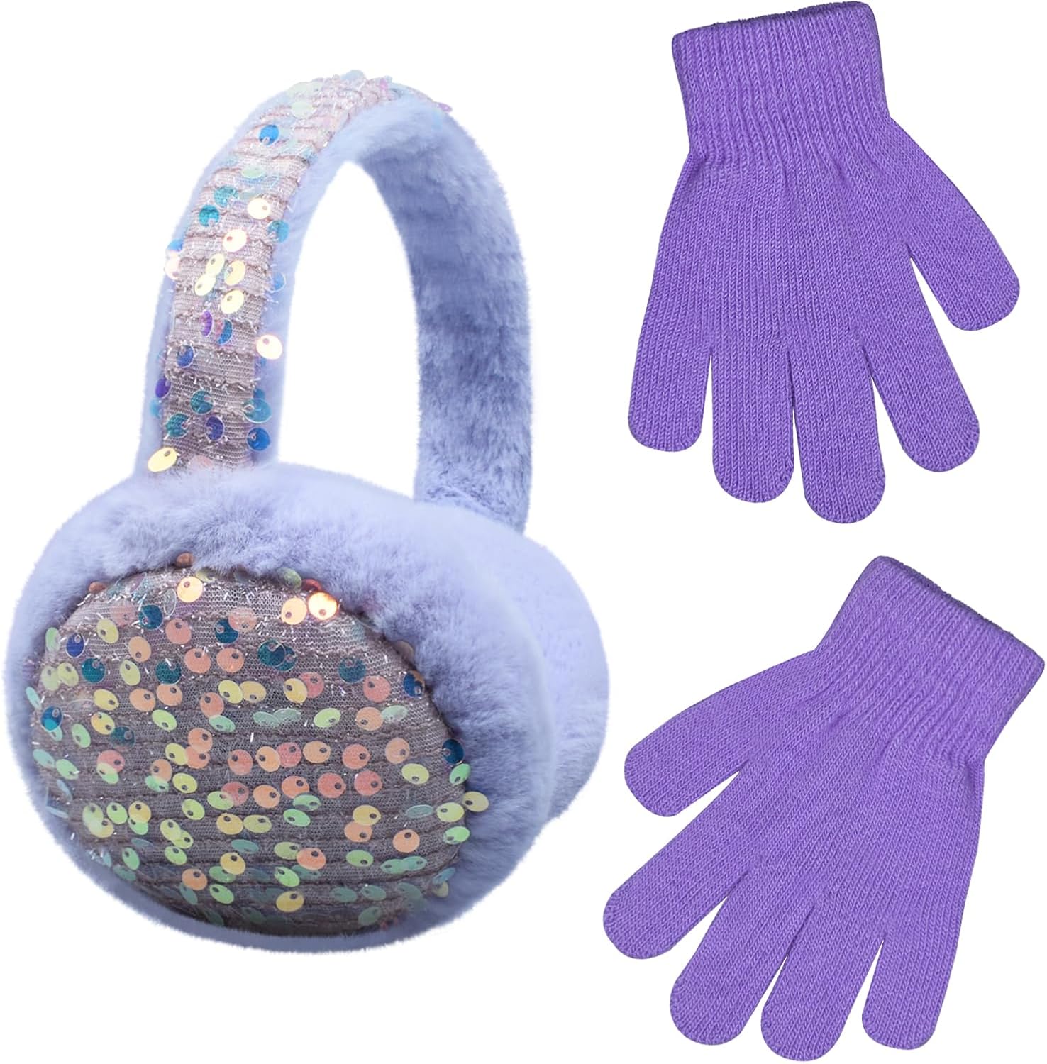 Ear Muffs Gloves Set for Kids Girls Adjustable Winter Sequin Faux Fur Windproof Warm Ear Warmer Outdoor