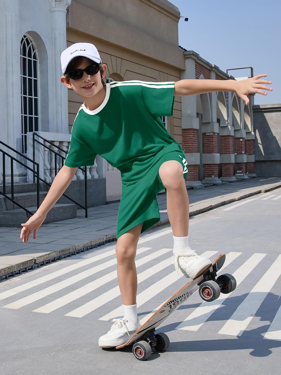 Haloumoning Boys 2 Piece Summer Outfits Kids Striped Trim Short Sleeve T-Shirt and Shorts Set with Pockets 5-14 Years