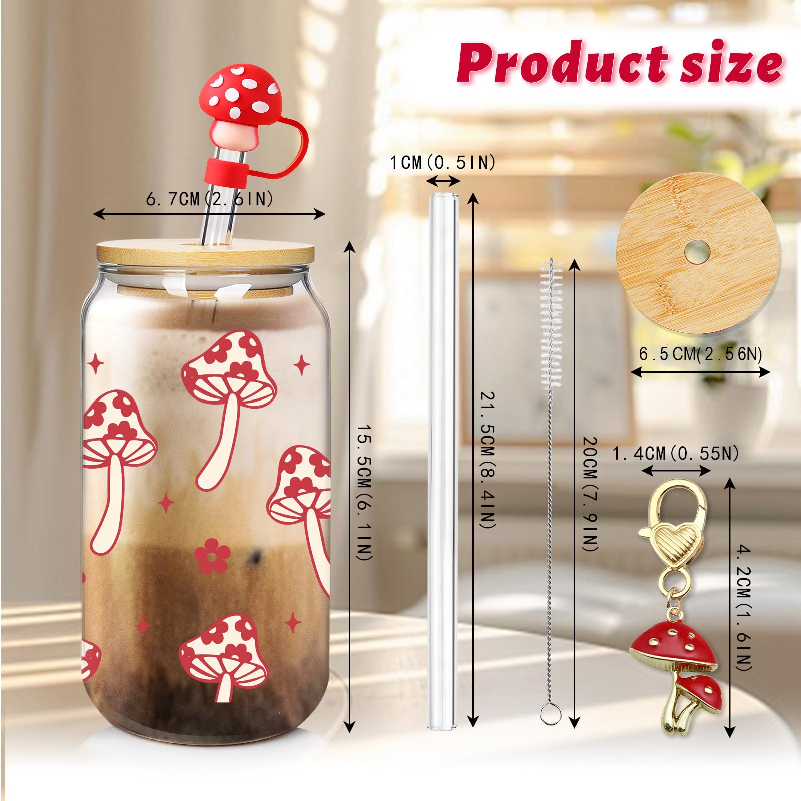 Mason Life Glass Cups with Lids and Straws, Pink Mushroom Iced Coffee Cup,Decorative Mushroom Design - Image 2
