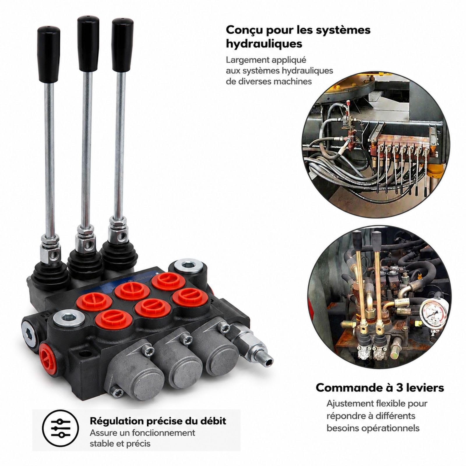 Vanne de commande hydraulique à 3 sections, 11 GPM 40 L/min, double effet, pour moteurs et pompe