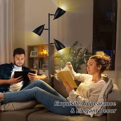Miniatura 7 de Lámpara de pie de árbol para sala de estar, lámpara de pie industrial de 3 luces con 3 bombillas LED, cabezales de rotación ajustables, lámpara de