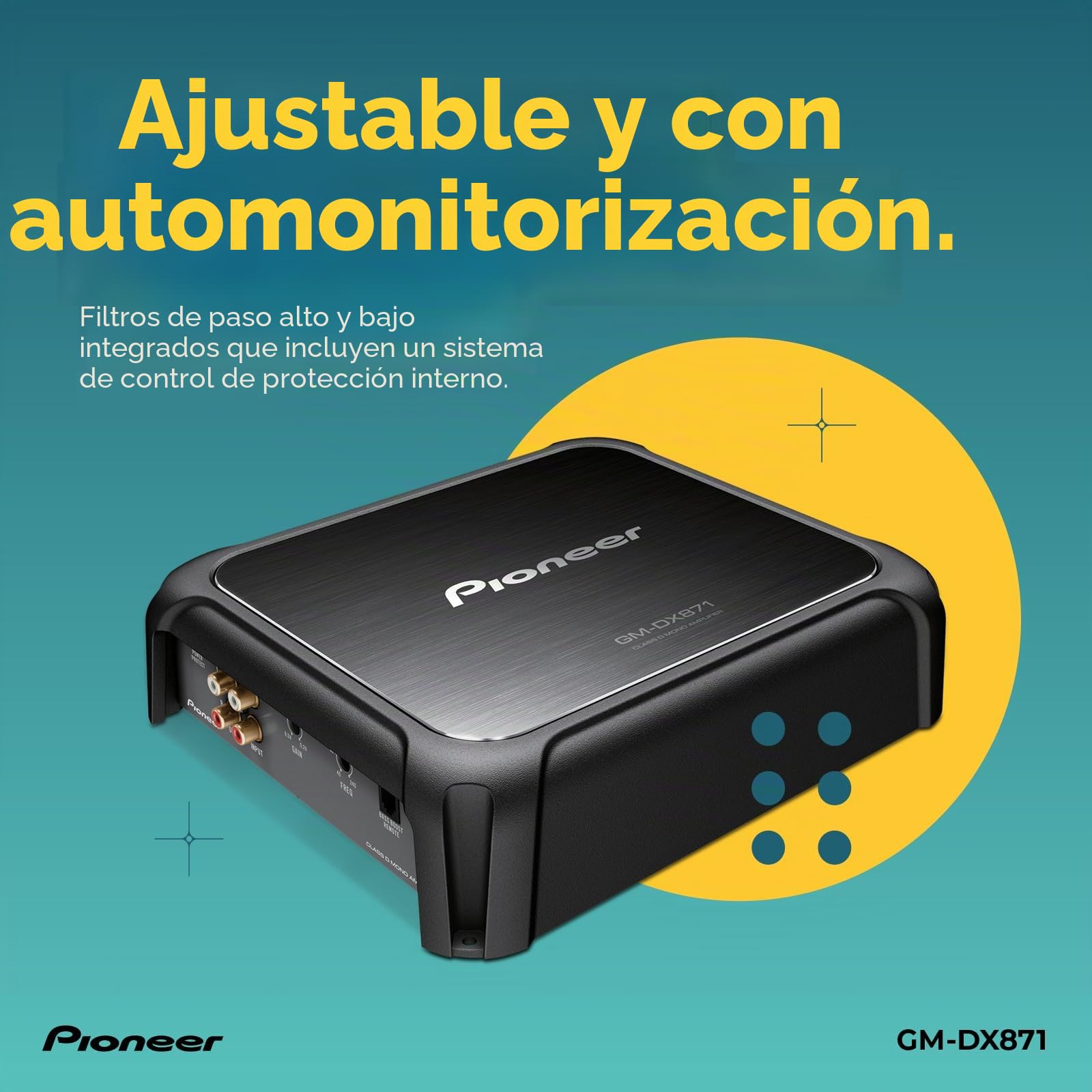 Pioneer GM-DX871 - Amplificador de potencia con 1.600 vatios, tecnología clase D, 1 canal, filtro de paso bajo variable, diseño compacto y control remoto de aumento de graves