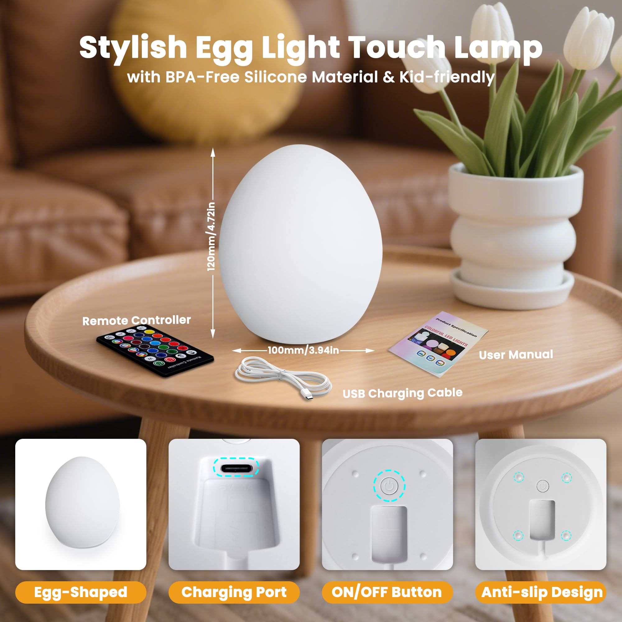 Luce notturna per bambini: 16 colori cangianti in silicone a forma di uovo per asilo, luce notturna ricaricabile touch per bambini con timer e mermory, dimmerabile, luce notturna portatile per