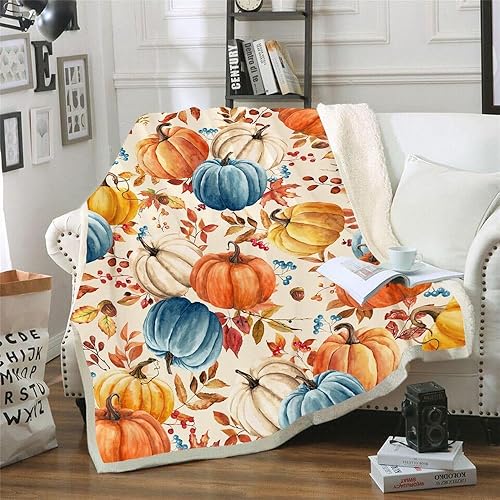Fall Pumpkins Throw Blanket, Autumn Orange White Blue Pumpkins Leaves and Berries Soft Warm Fleece Blanket for Living Room Couch Bed Chair or Dorm, 60"x80"