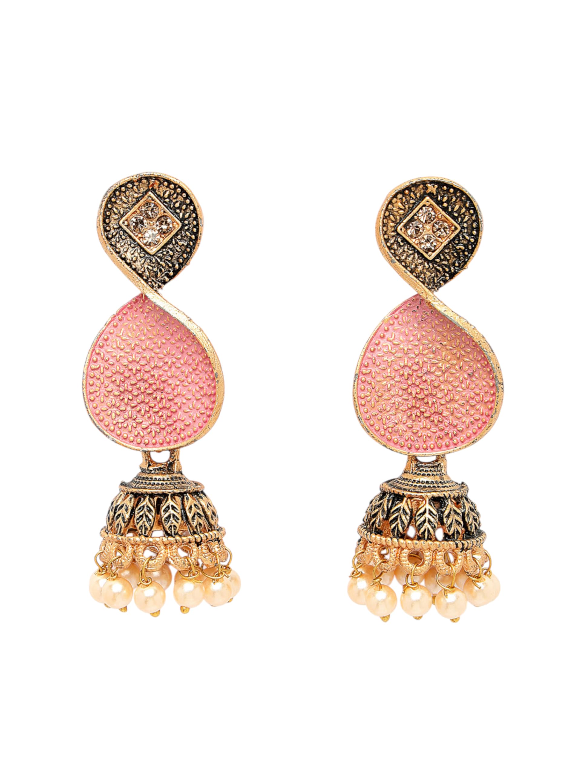 ADIVA Antique Gold-Plated Pink Hand-Painted Pearl Contemporary Jhumka Earrings