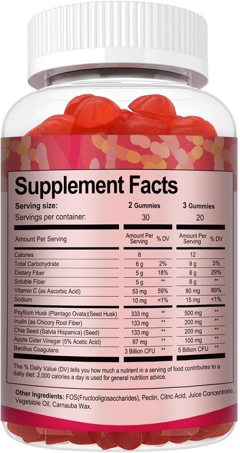 Totaria 9-in-1 Probiotic Fiber Gummies for Adults & Teens 16G Fiber per Serving, Psyllium Fiber Supplement with 5 Billion CFU Bacillus Coagulans, Inulin, ACV for Digestive & Gut Wellness - 60 Gummies - Image 8