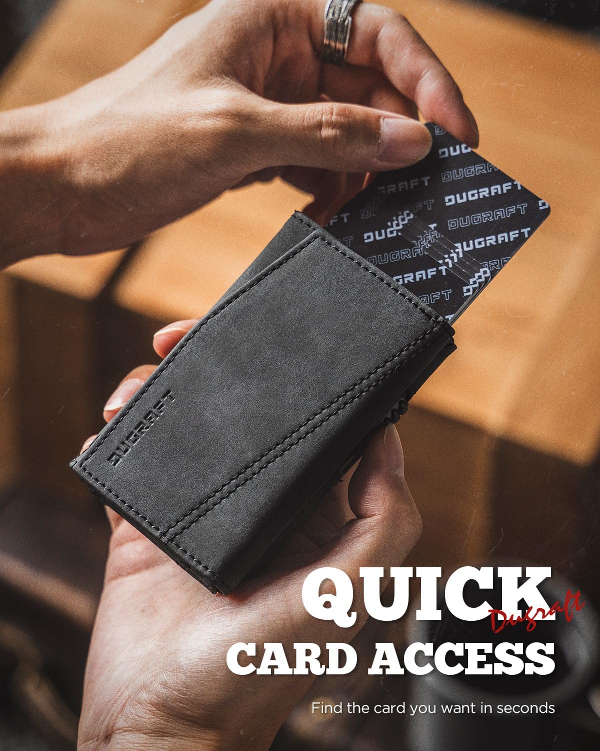 DUGRAFT 𝗗𝗨𝗚𝗥𝗔𝗙𝗧 Card Holder Wallet with ID Window, Leather Mens RFID Blocking Minimalist Pop-Up Wallet Aluminum Metal Credit Card Case with Banknote Compartment