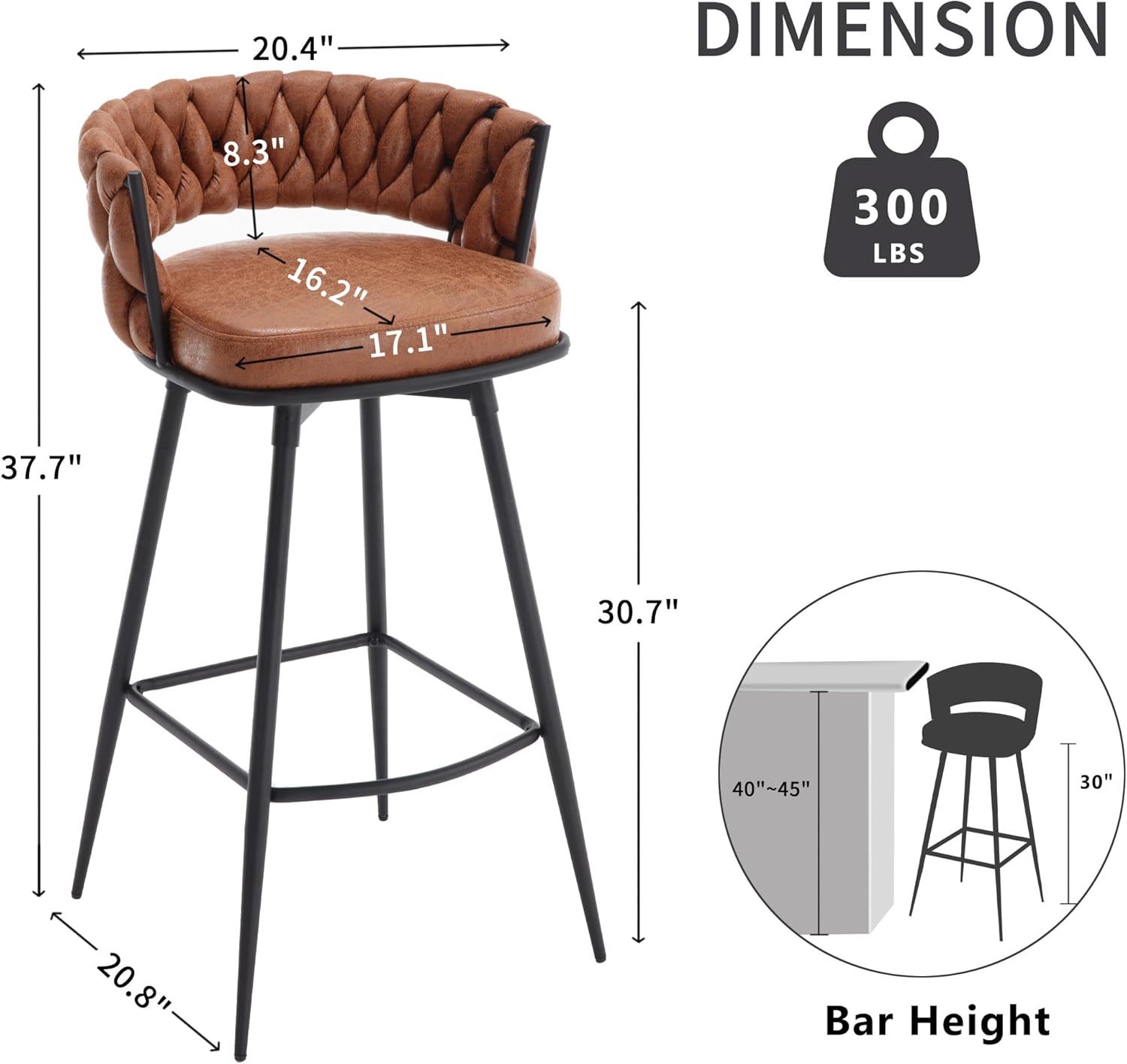 BFZ 30inch Bar Stools Set of 2, Bar Height Bar Stools, 180° Swivel Suede Fabric Stool Chairs with Woven Back and Footrest for Kitchen Island, Cafe, Pub, Bar Counter
