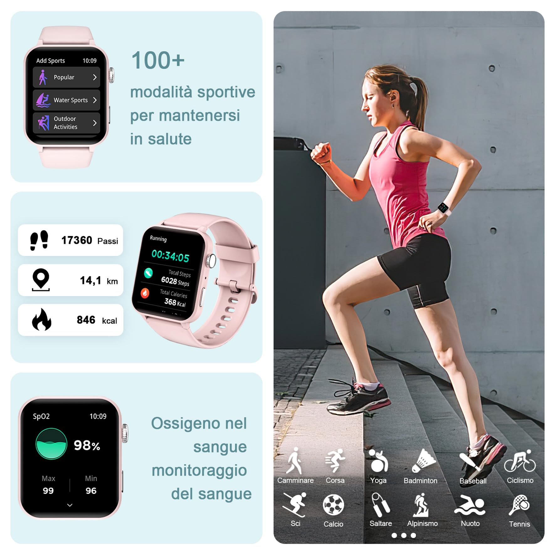 IOWODO Smartwatch Donna,Orologio Fitness con Chiamate,1.85" Smart Watch Monitor del SpO2/ Sonno,24H Cardiofrequenzimetro,100 modalità Sportive,Fitness Tracker per Android iOS