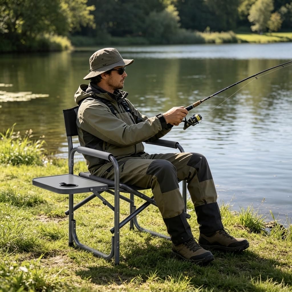 HOMASIS Sedia da Regista Imbottita, Poltrona da Regista con Tavolino, Braccioli e Schienale, Sedia da Campeggio Pieghevole in Metallo per Eventi Sportivi e Pesca, Portata 180 kg (Nero)