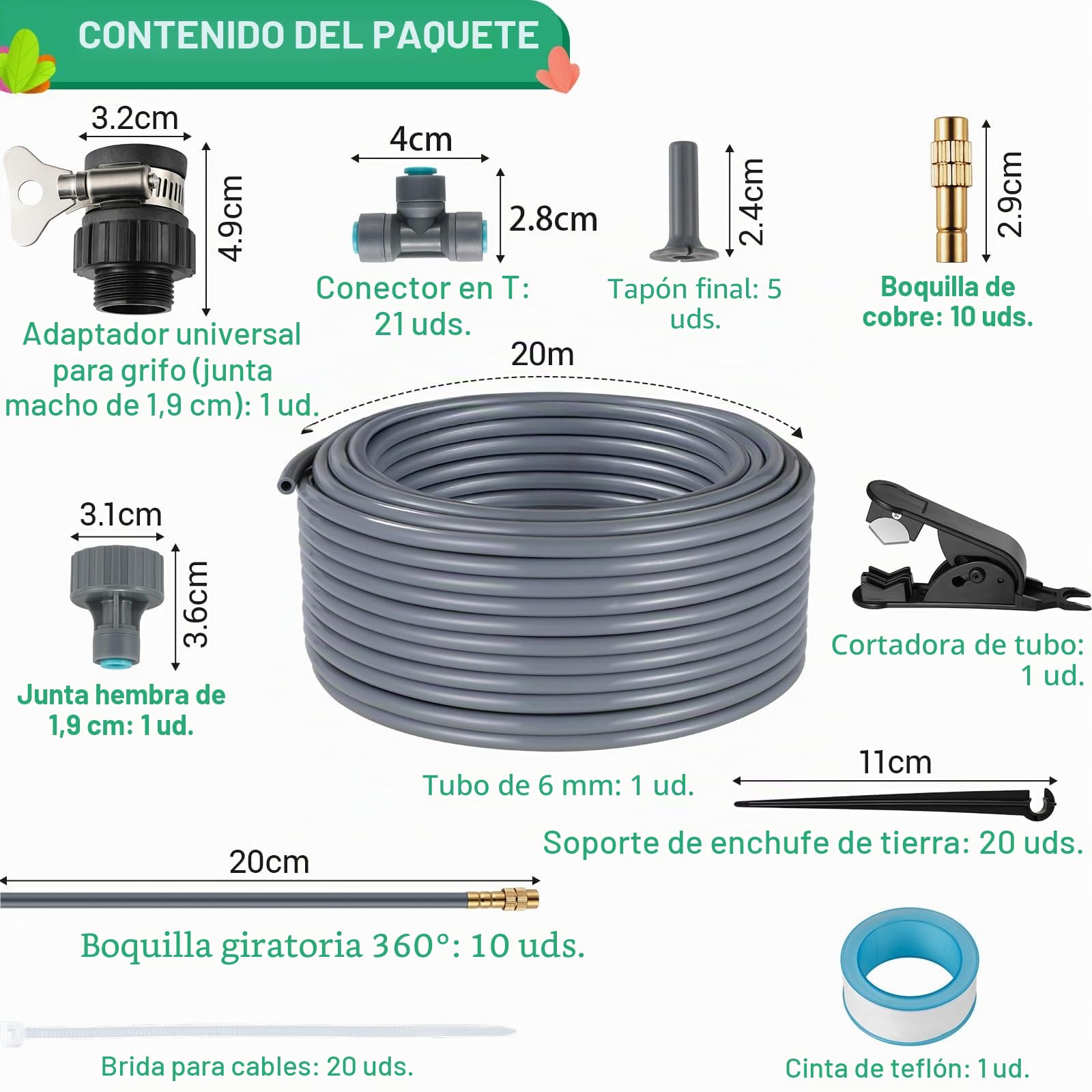 Sistema de Riego Jardín, Kit Riego por Goteo, 20M Micro Riego Sistema | con 360° Ajustable Boquilla de latón, Aspersor Pulverizador y Goteo Automatico para Jardin Invernadero Césped Patio Terraza