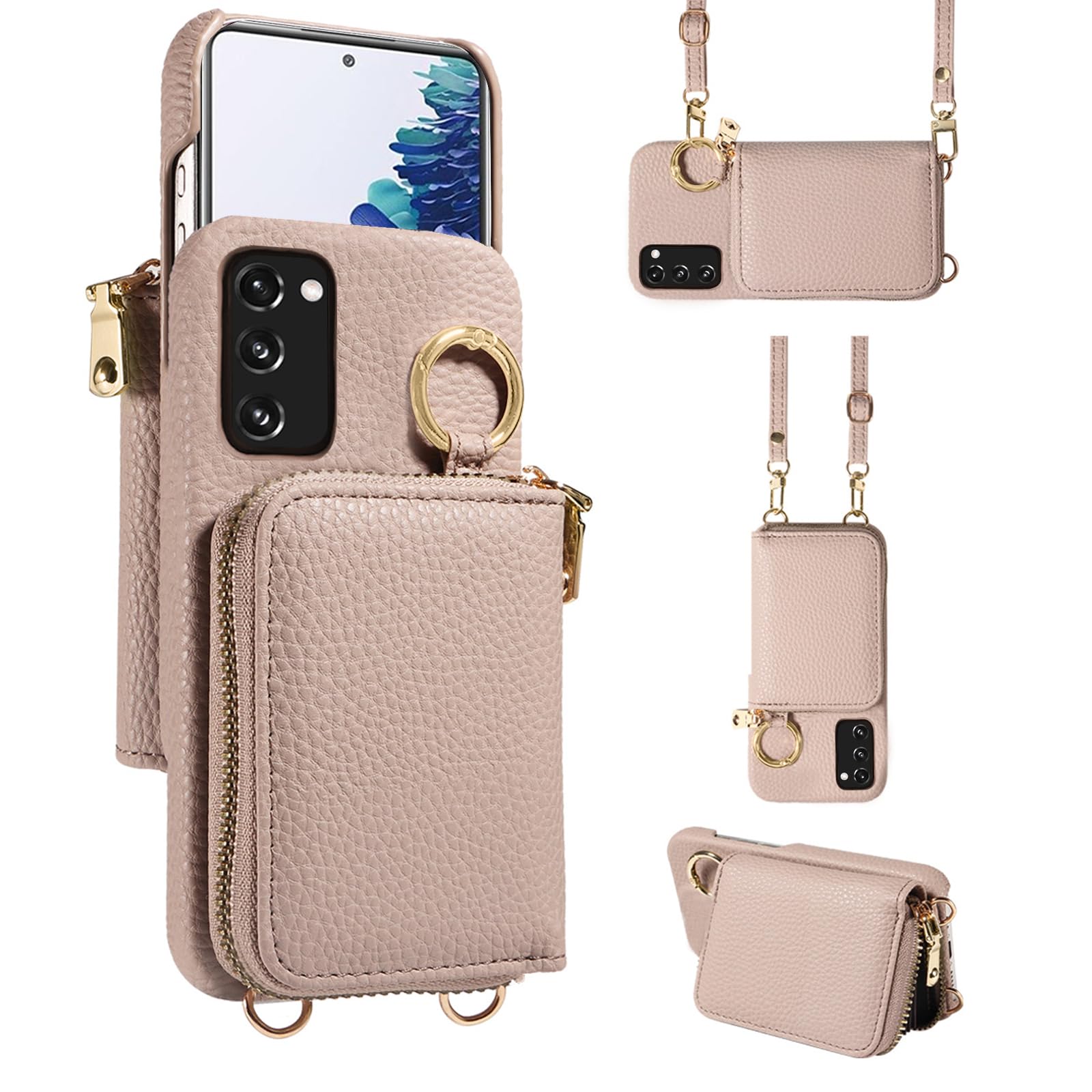 Furiet Wallet Case for Samsung Galaxy S20 FE 5G 6.5 inch Shoulder Strap Ring Buckle, Zipper Flip Organ Purse, Card Holder Phone Cover for S 20 EF UW