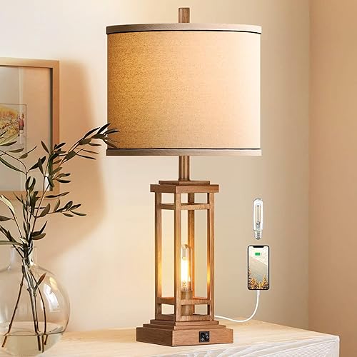 Miniatura 11 de ROTTOGOON 27.5" Lámparas de Mesa Altas Estilo Granja con Puertos de Carga USB C + USB A, Juego de 2 Lámparas Rústicas para Sala de Estar, Lámpara de