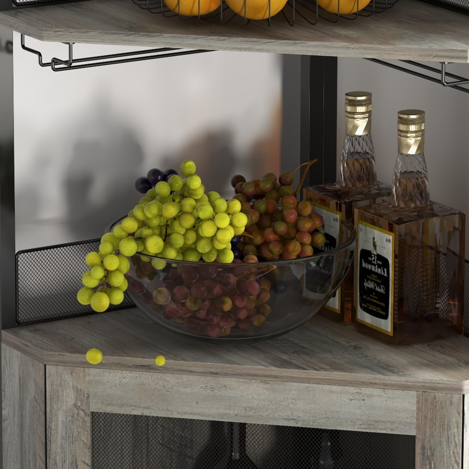 Armoir à Vin Angle avec Etagère Réglable, Meuble Bar à Vin avec Porte-Verres et Portes en Maille, Buffet Cuisine Angle et Dispositif Anti-Basculement, Industriel, 45 x 45 x 152.5 CM
