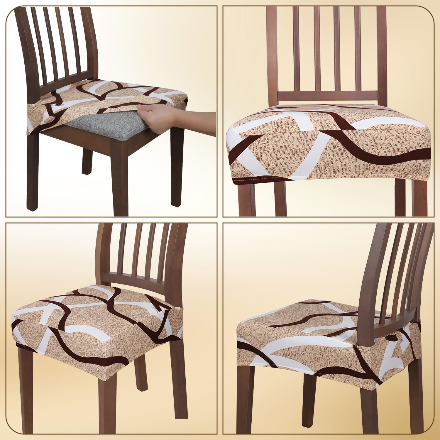 JQinHome Waterproof Dining Chair Seat Covers Set of 6 | Soft Removable Washable Chair Covers for Dining Room,Rear Gap Hook-and-Loop| Elastic Non-Slip, Full Rear Coverage | Beige Printed