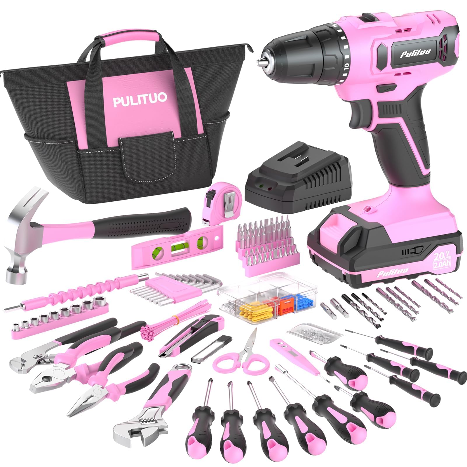 PULITUO 20V Set de Taladro Atornillador Batería Rosa, Kit de Taladro con Batería y Cargador, Regulación 2 Velocidades, Portabrocas 3/8", 21+1 Niveles de Par, LED, Set Eléctrico