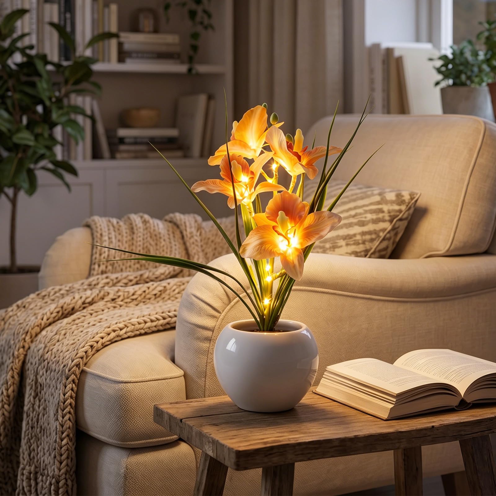Flower Lamp - Stepless Dimming Crystal Orchid Night Light - Rechargeable Ceramic Flower Pot Table Lamp - Decorative Phalaenopsis LED Floral Light for Home Bedroom Aesthetic Decor and Office - Pink